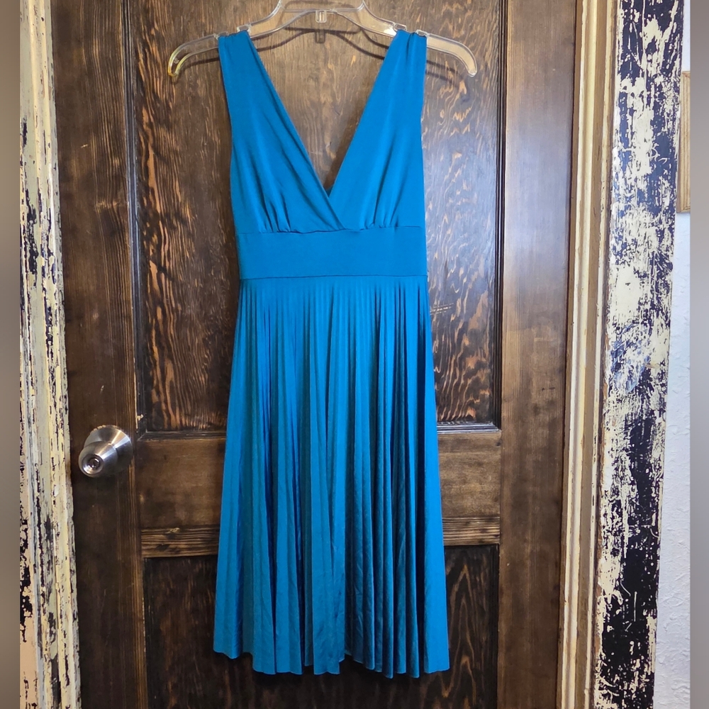 Peacock Blue V-Neck Accordian Pleated Women’s Cocktail Dress